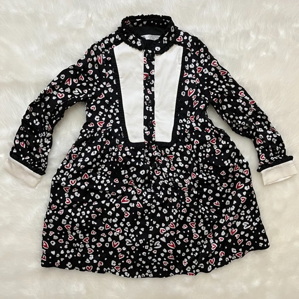 NEW ZARA Bib Front Hearts Animal Print Dress Black Red White Long sleeve SZ 7